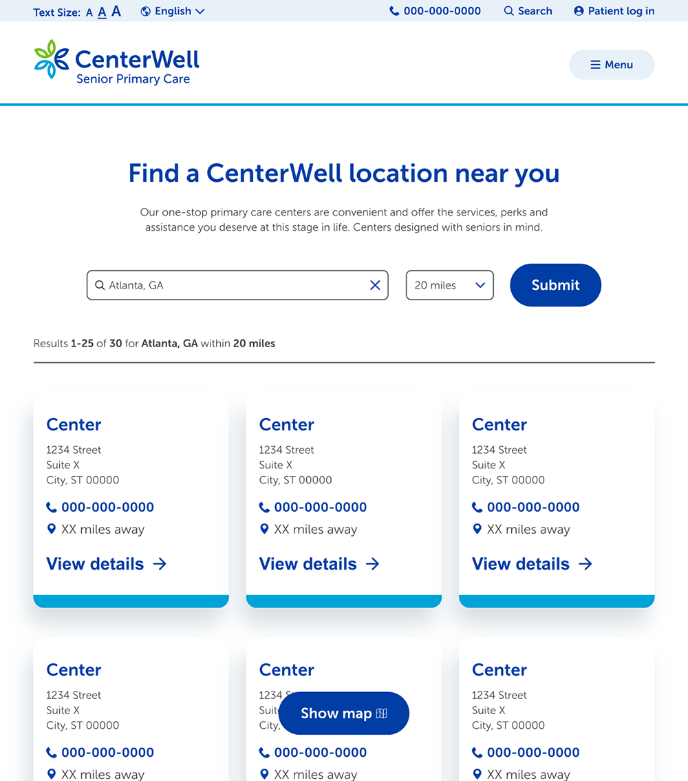 Find a Location search page showing search results for Atlanta, Georgia in a list view. There are multiple rows of cards showing center details.