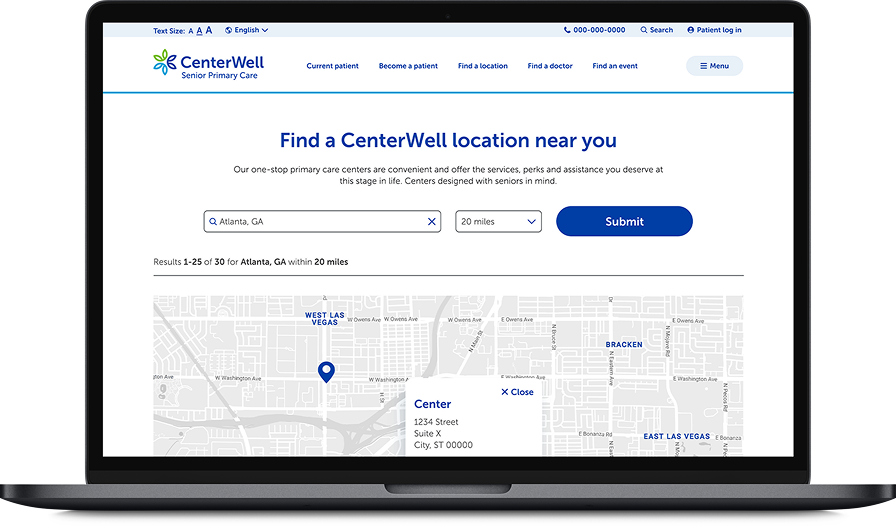 Find a CenterWell location search page in a laptop mockup.