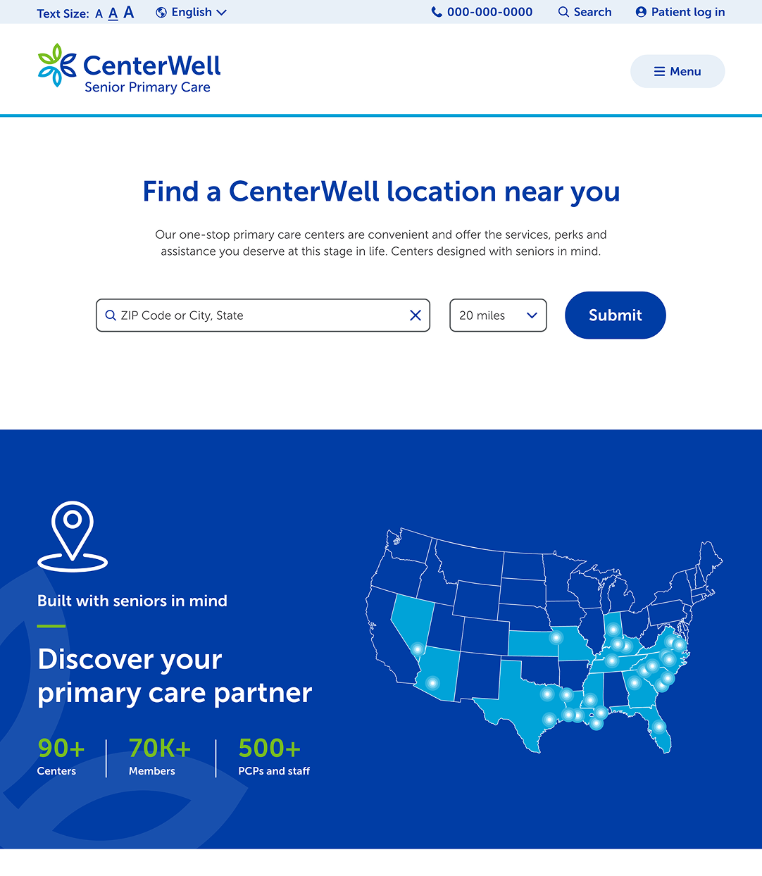 Find a Location search page with no information in the search field. Includes a footer component showing a map of all the states that CenterWell operates in.
