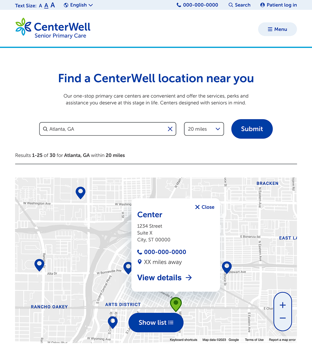 Find a Location search page showing search results for Atlanta, Georgia in a map view. One center is selected showing the pop-up module for the center details.