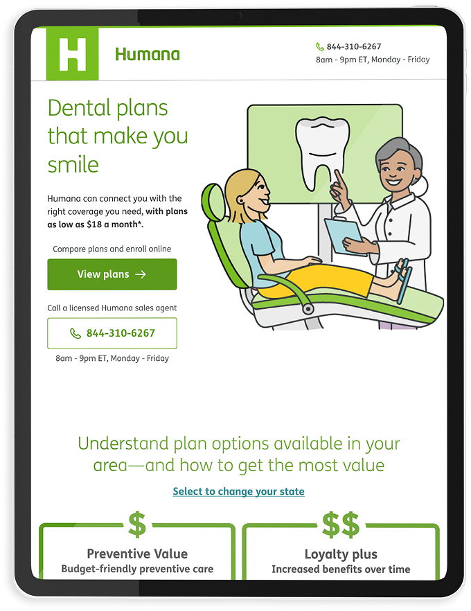 Humana Dental Enrollment landing page in a tablet mockup.