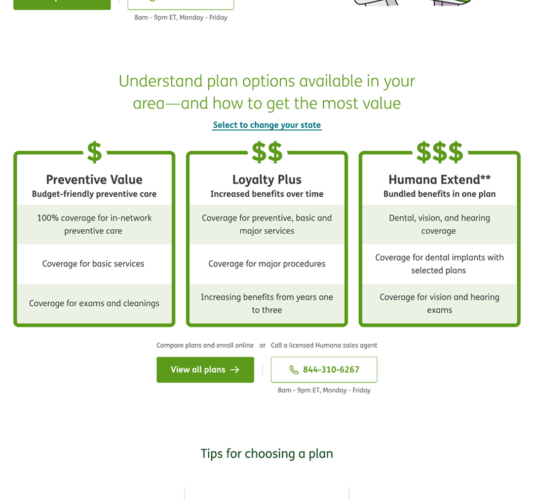 Middle third view of the Dental Enrollment landing page on Humana.com. Includes module comparing three different Humana insurance plans.