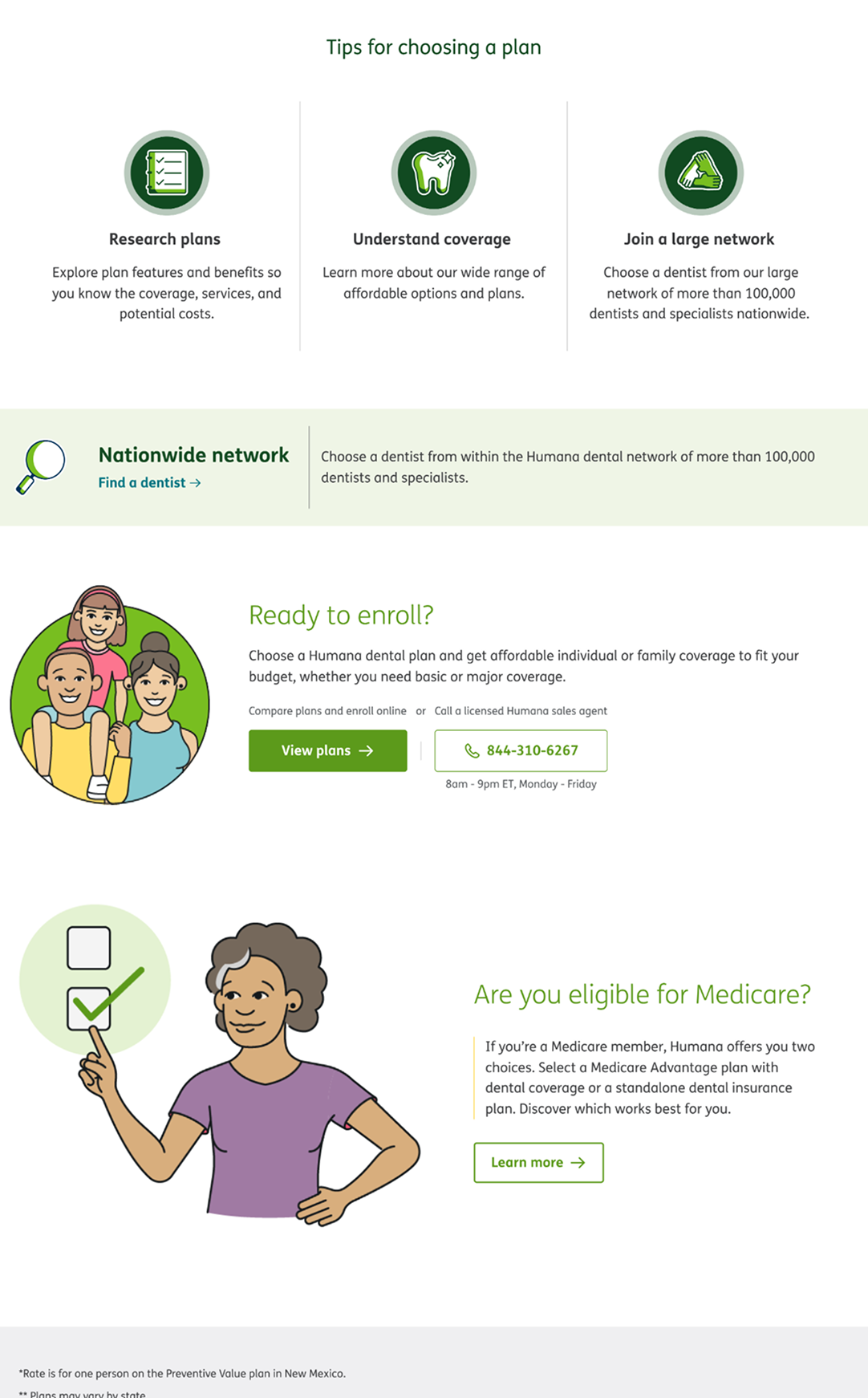 Bottom third view of the Dental Enrollment landing page on Humana.com. Includes module with tips for choosing a plan, links to find a dentist, enroll, and for information on Medicare.
