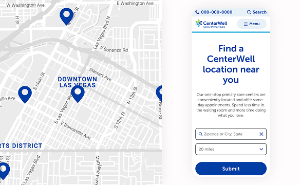 On the left there is a map with blue pins and on the right is a mobile web screen of a clinic search page.