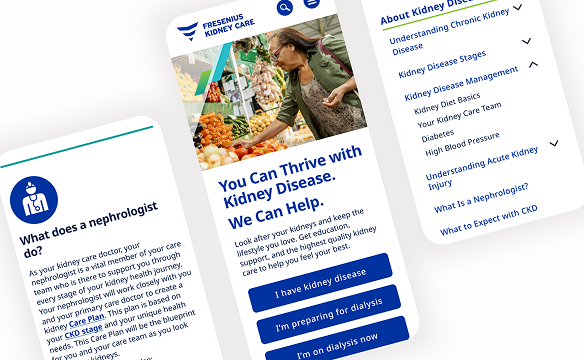 Three mobile phone screens at an angle depicting Fresenius Kidney Care . com.