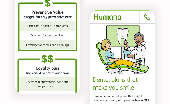 Two phone screens depicting the dental enrollment Humana landing page.