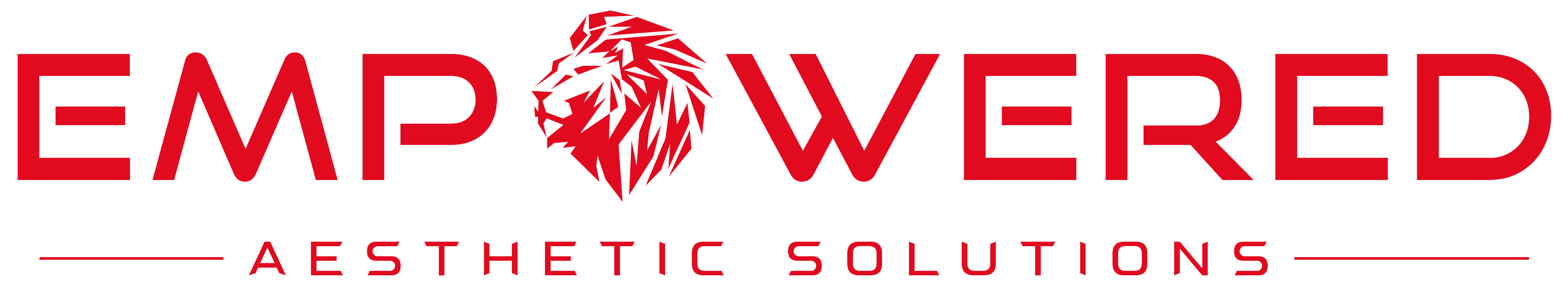 Red text logo with a stylized lion head between the letters in the word EMPOWERED and the tagline Aesthetic Solutions below.