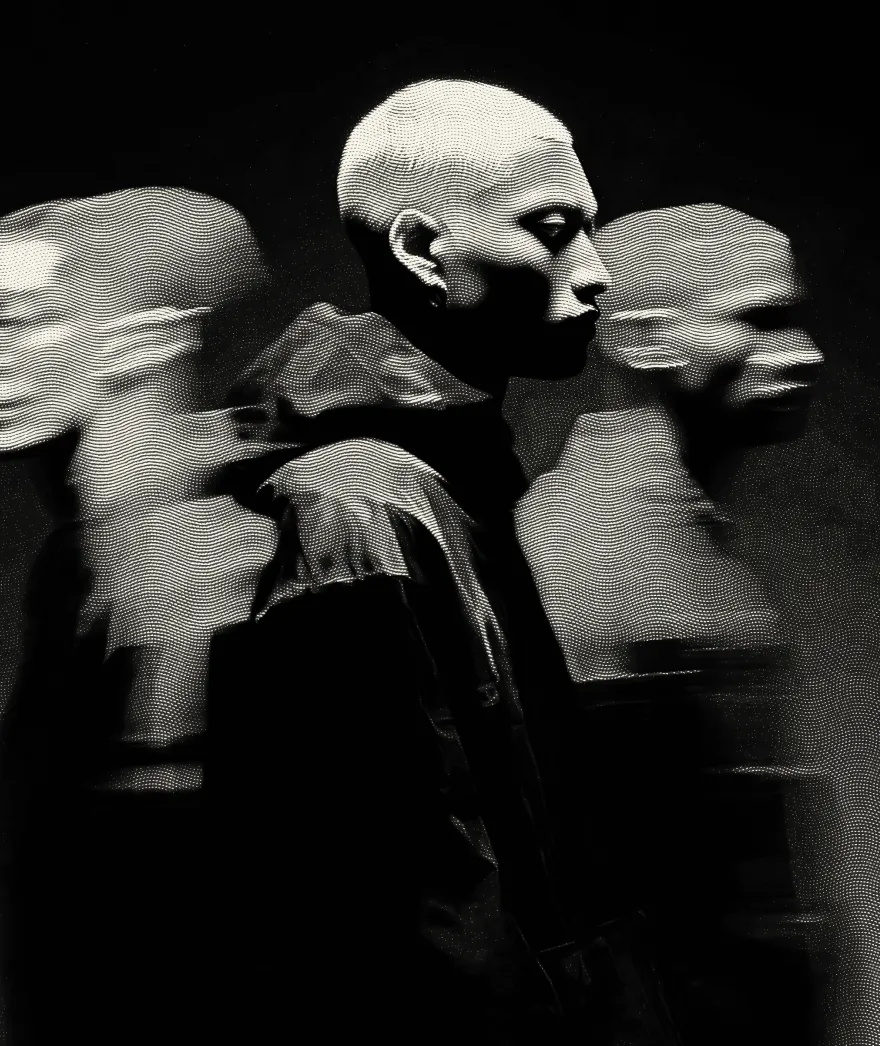 Abstract black and white image showing three side-profile busts of a bald figure with wavy line patterns and motion blur effects.