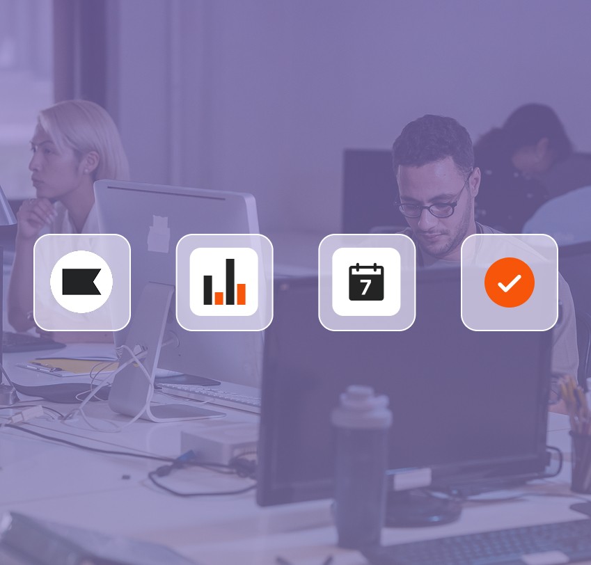 Office environment with two people working at desks with computers, overlaid with four translucent icons: a flag, a bar chart with orange and black bars, a calendar showing the number 7, and an orange circle with a white check mark.