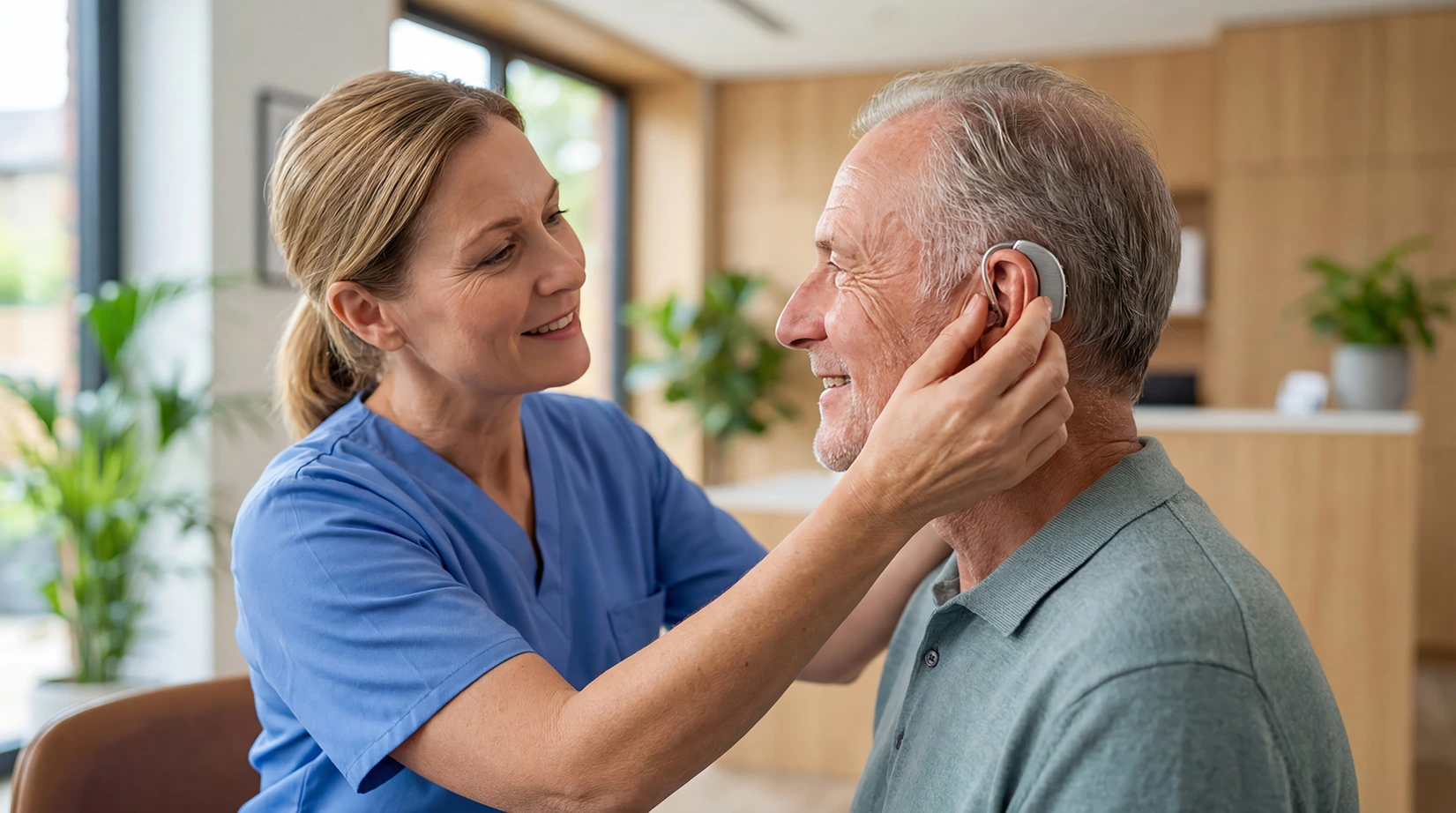 Healthcare professional fitting a hearing aid on an elderly man's ear in a bright clinic.