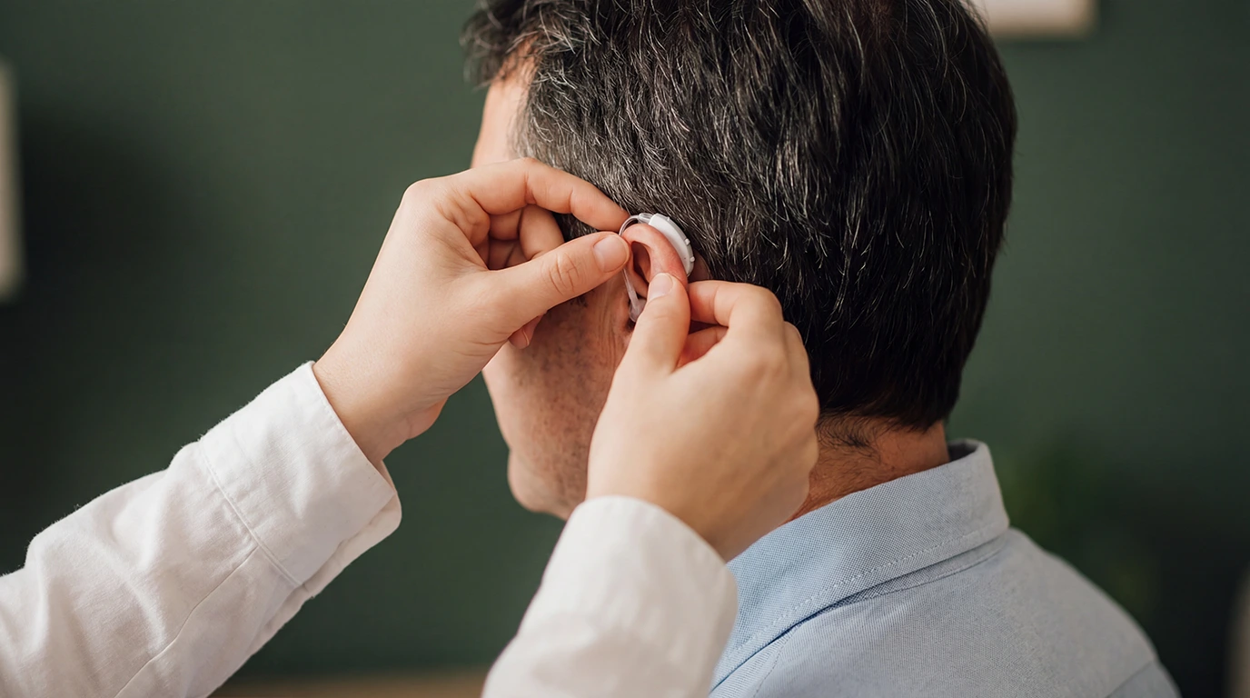 Person fitting a behind-the-ear hearing aid on a man with dark hair and light blue shirt.