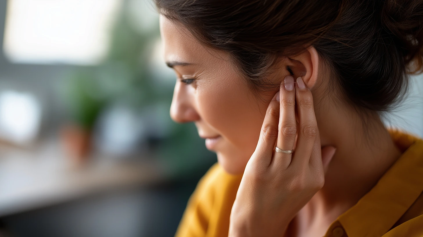 Close-up of a smiling woman touching her left ear with her left hand wearing a ring and a yellow top.
