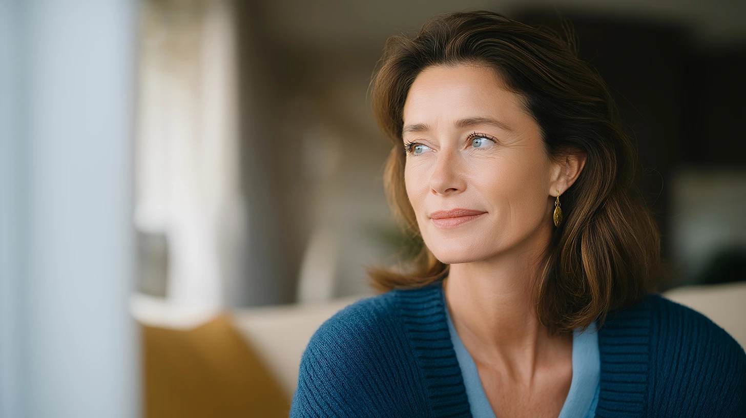 Thoughtful woman with blue eyes and brown hair looking out a window indoors.