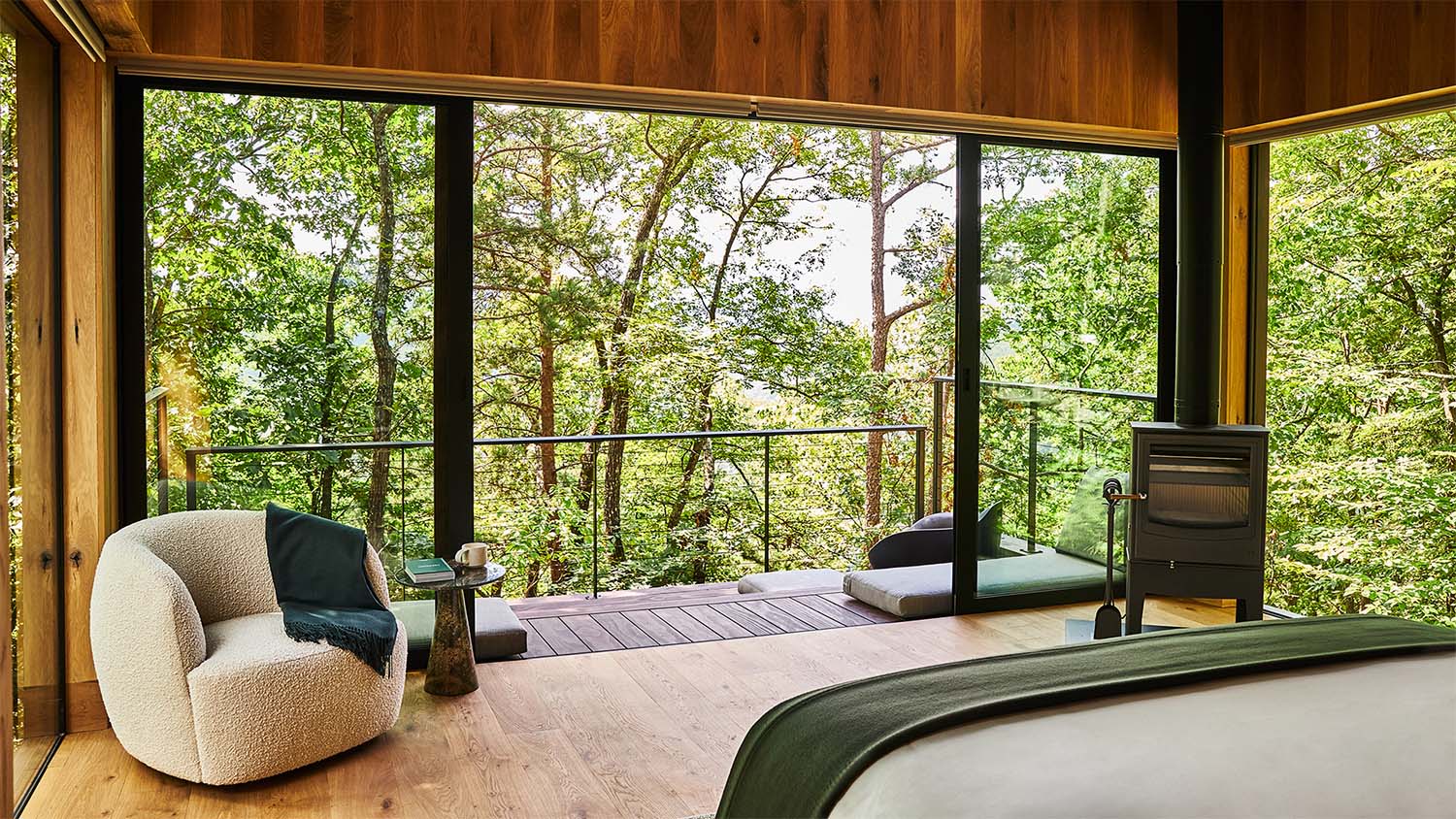 Inside view from a cabin at Blackberry Mountain built by Johnson & Galyon