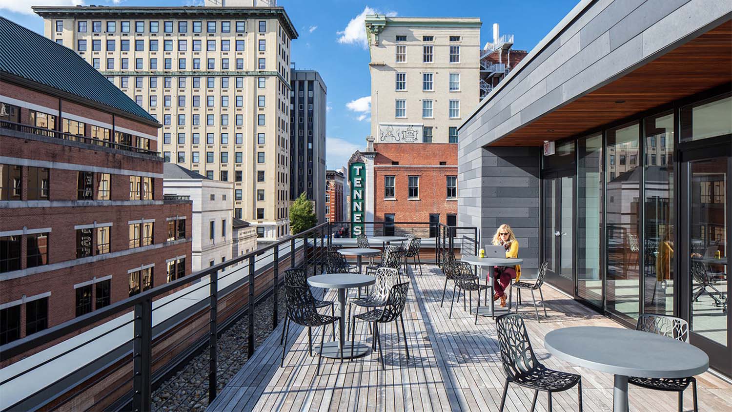 Rooftop and downtown view of The Tombras Group building renovated by Johnson & Galyon.