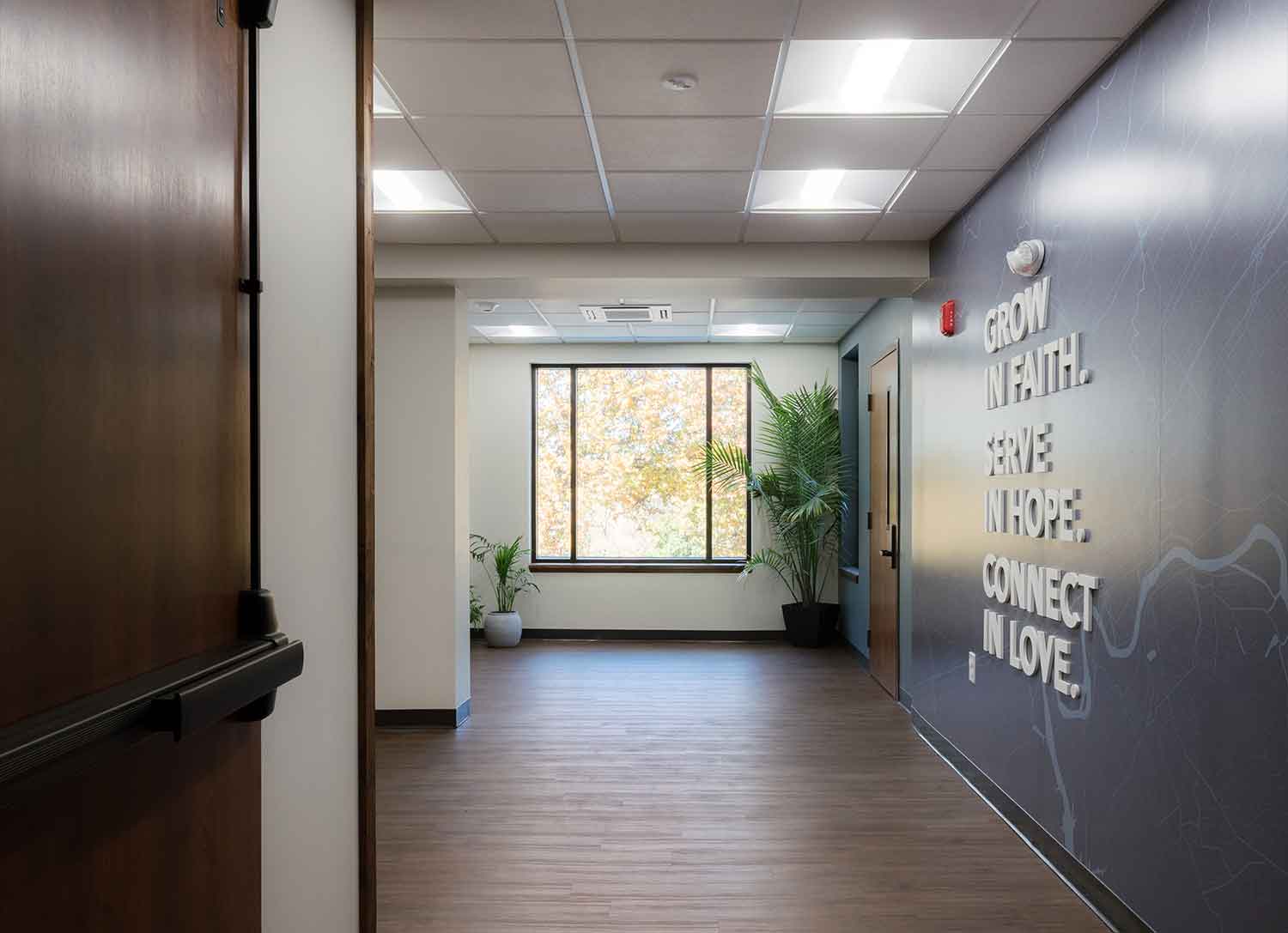 Hallway inside the new addition for the Knoxville First Seventh-Day Adventist Church by Johnson & Galyon.