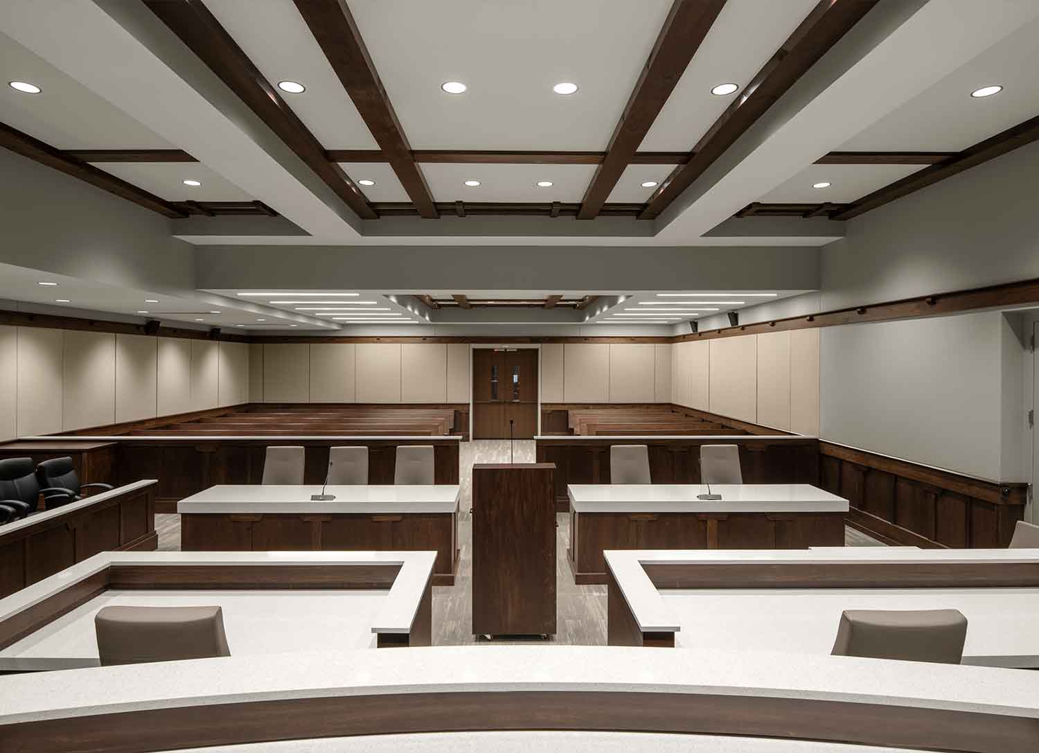 View from the bench in one of the courtrooms in the newly renovated Sevier County Court building in Sevierville, TN by Johnson & Galyon.