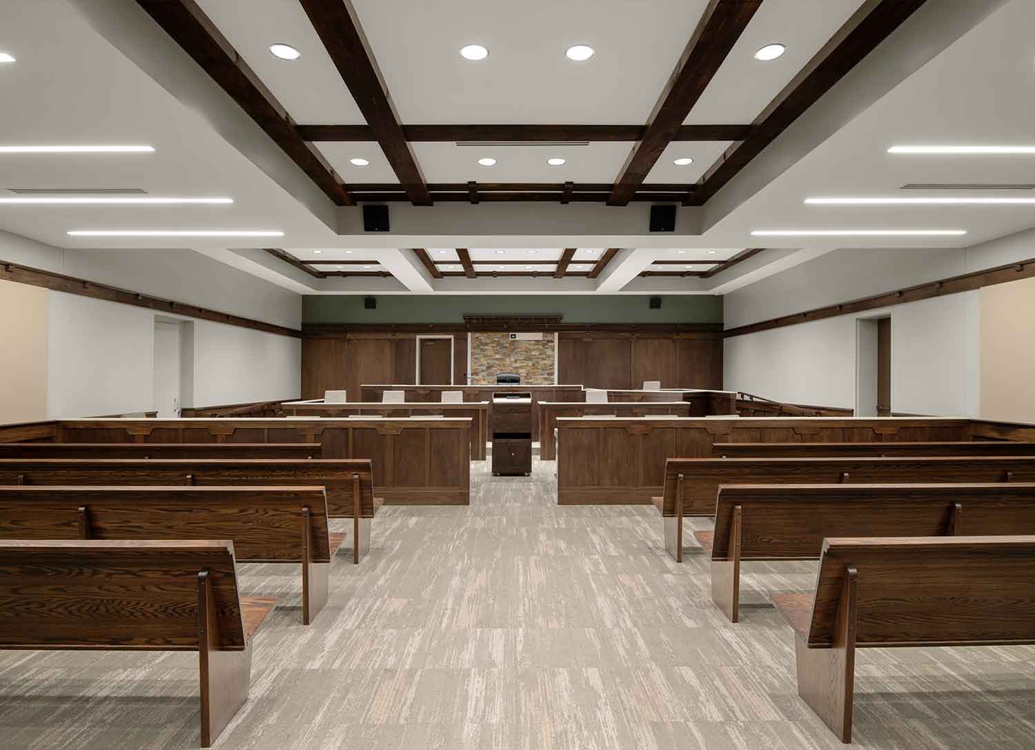 View from the back of a courtroom in the newly renovated Sevier County Court building in Sevierville, TN by Johnson & Galyon.