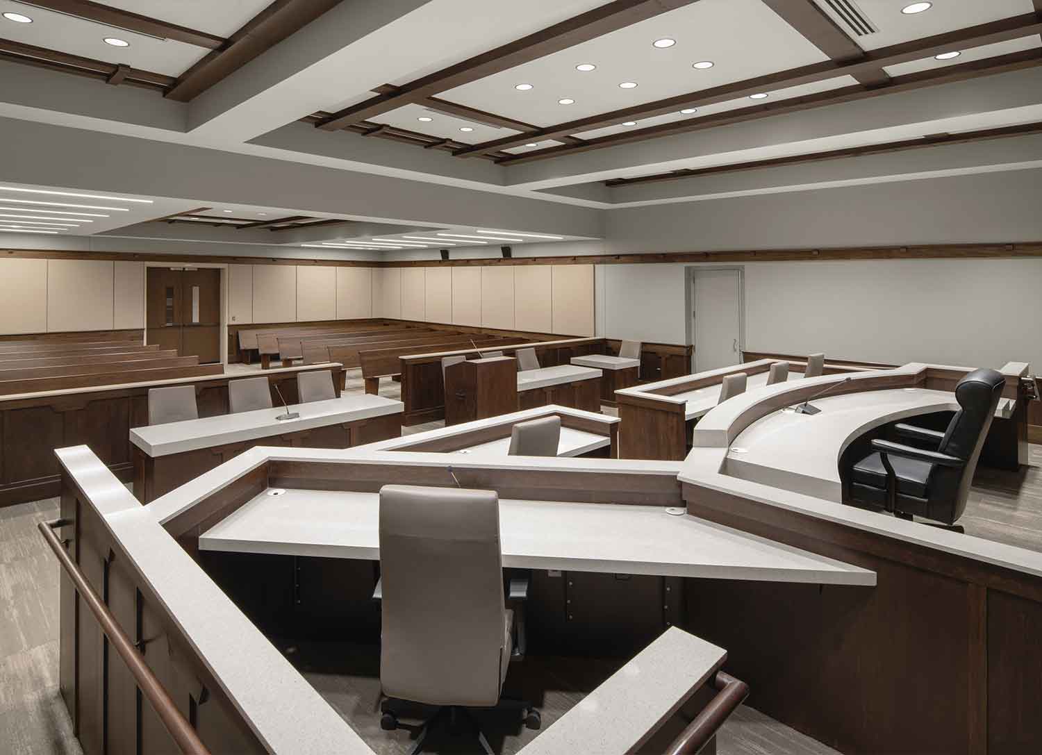 Side view in one of the courtrooms in the newly renovated Sevier County Court building in Sevierville, TN by Johnson & Galyon.