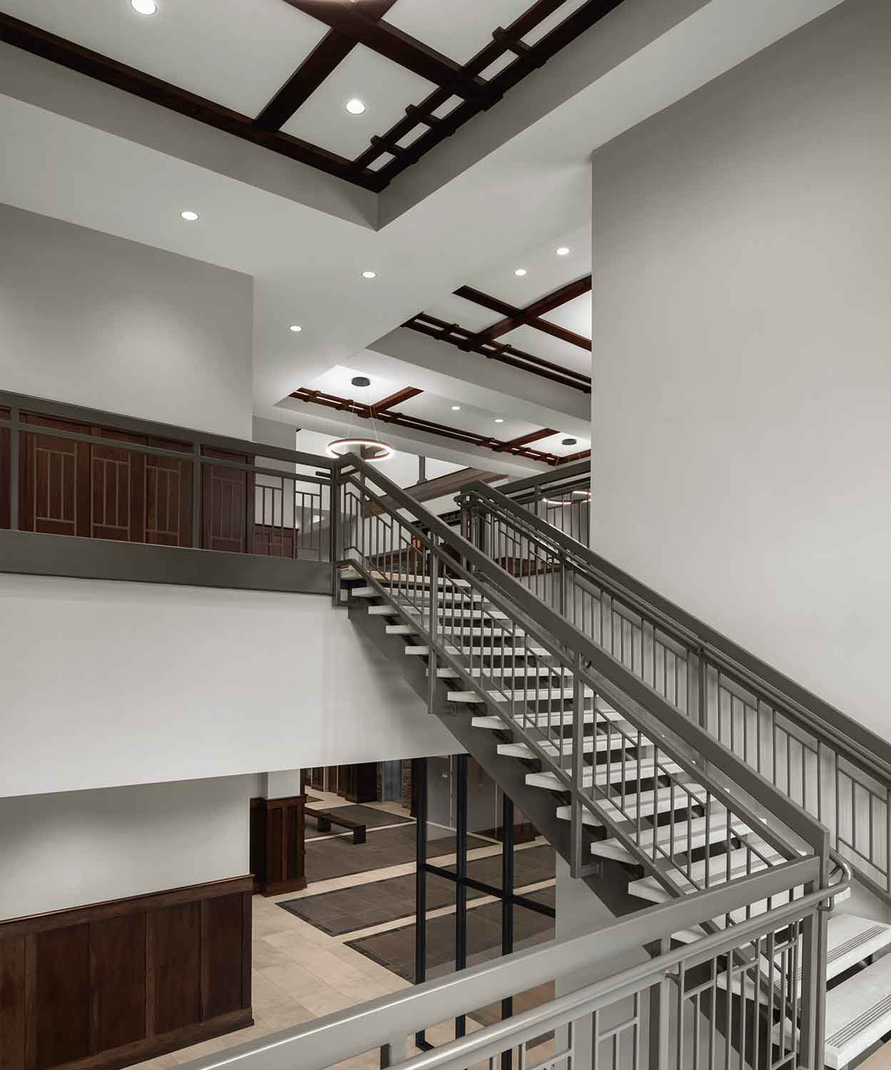 View of the stairs in the newly renovated Sevier County Court building in Sevierville, TN by Johnson & Galyon.