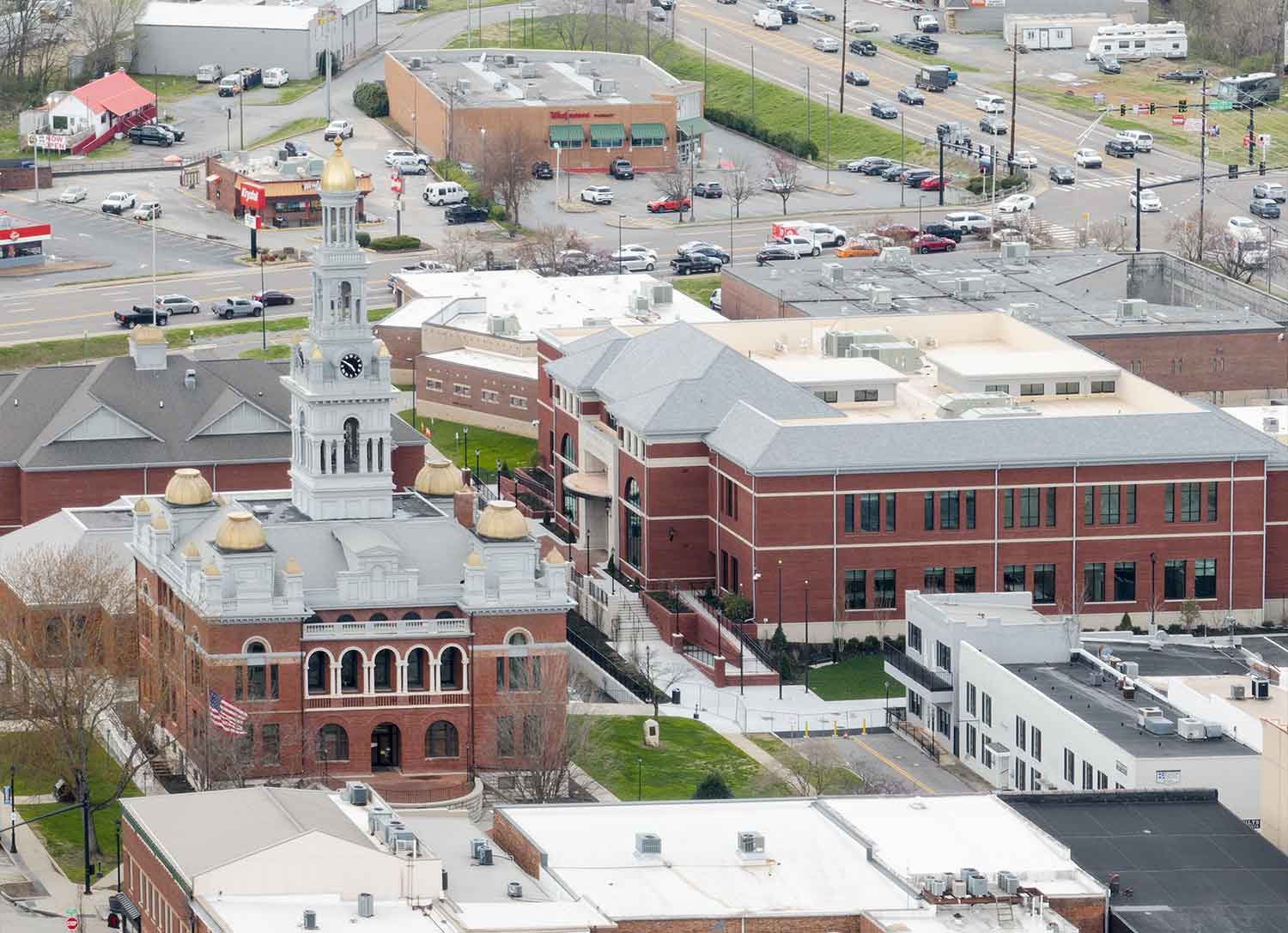 Aerial view of the newly renovated Sevier County Court building in Sevierville, TN by Johnson & Galyon.