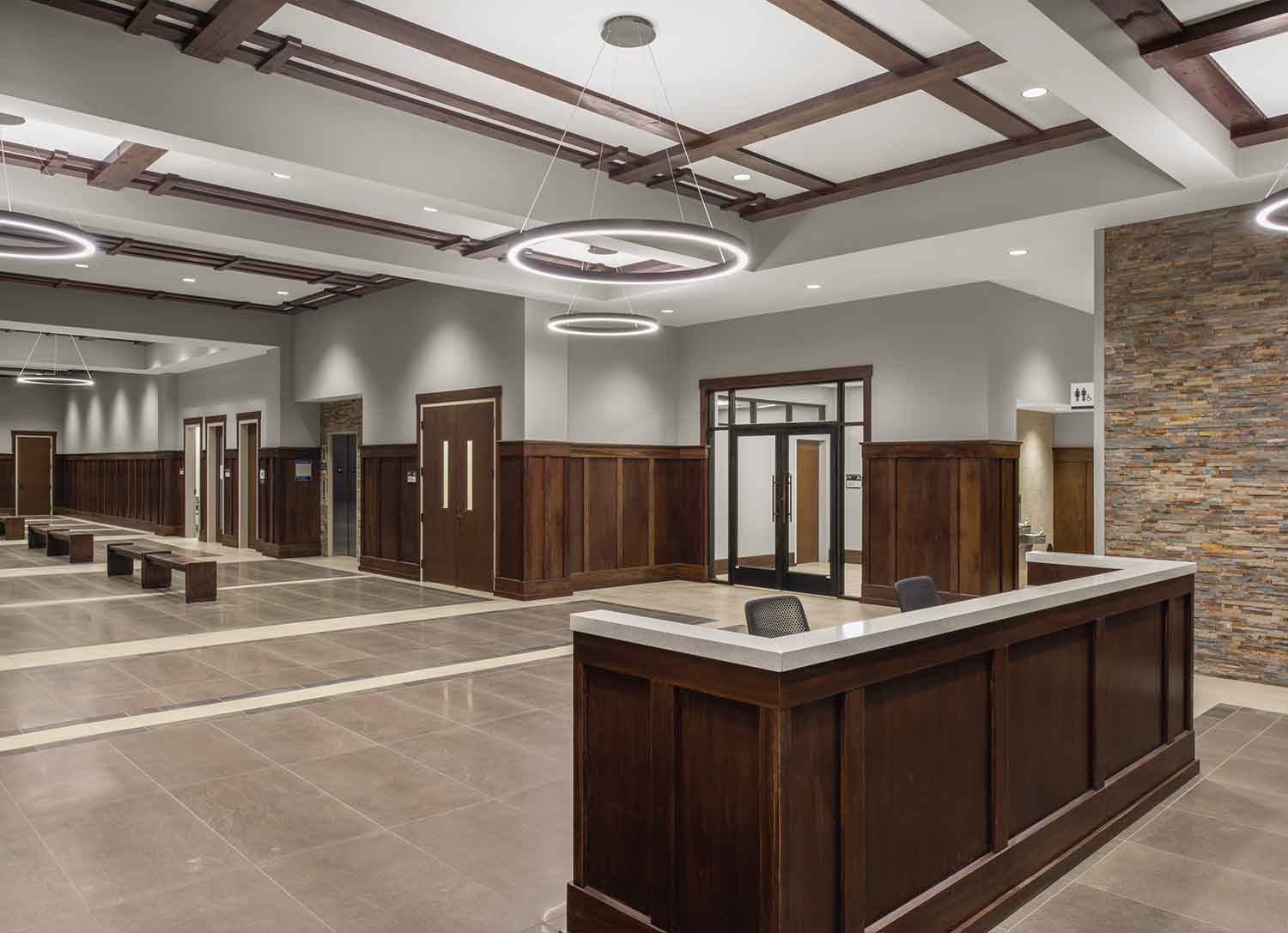 Reception area in the newly renovated Sevier County Court building in Sevierville, TN by Johnson & Galyon.