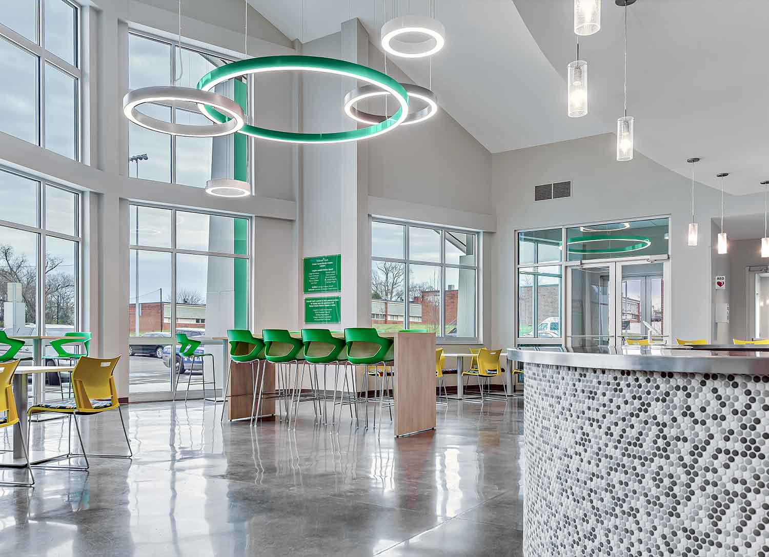 Common area and reception in the Emerald Youth Haslam-Sansom Ministry Complex by Johnson & Galyon