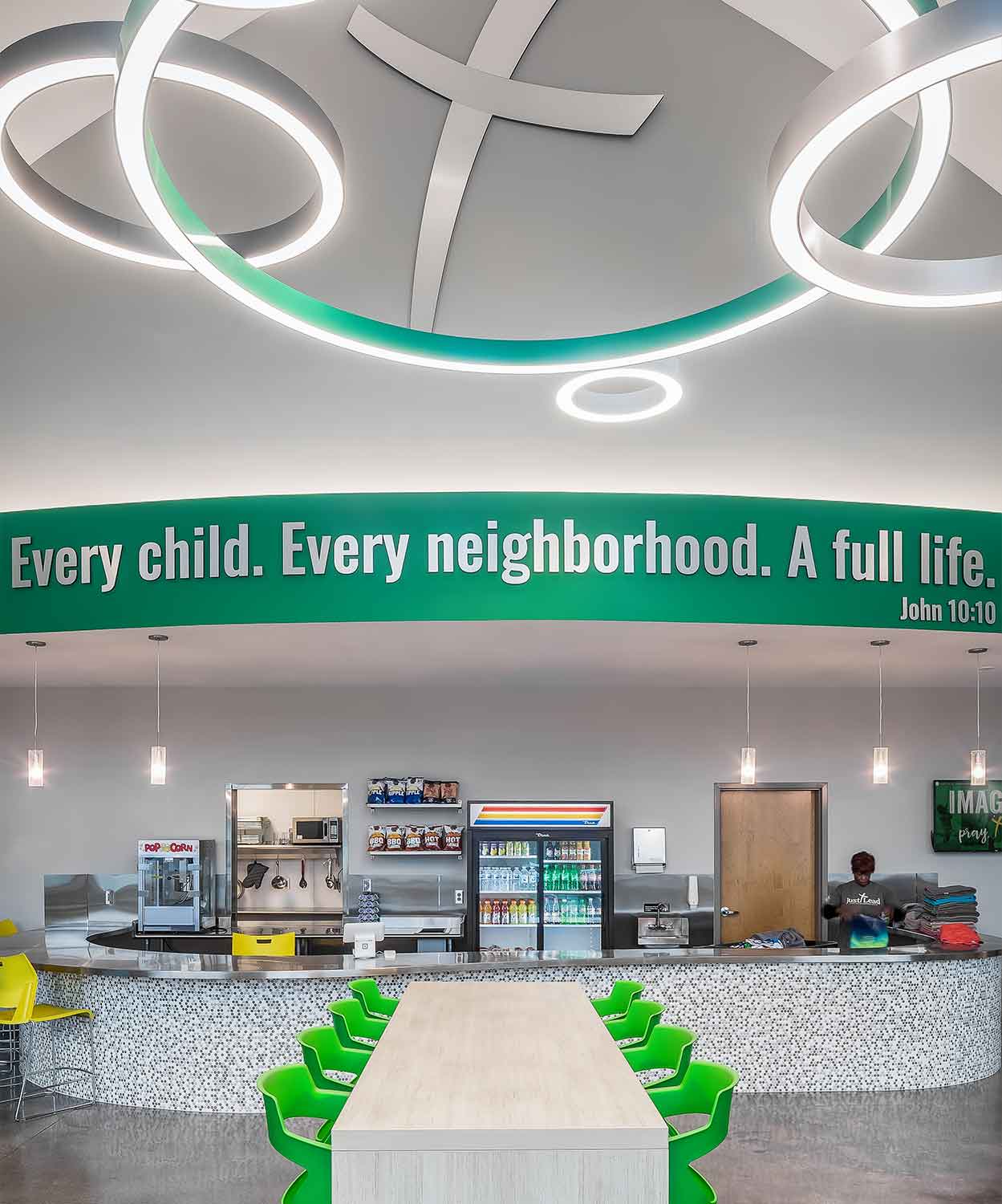 Cafeteria inside the Emerald Youth Haslam-Sansom Ministry Complex by Johnson & Galyon