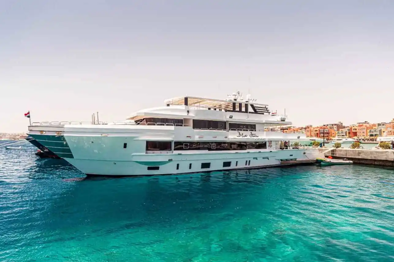 The MY Blue Storm liveaboard docked in Hurghada, Egypt