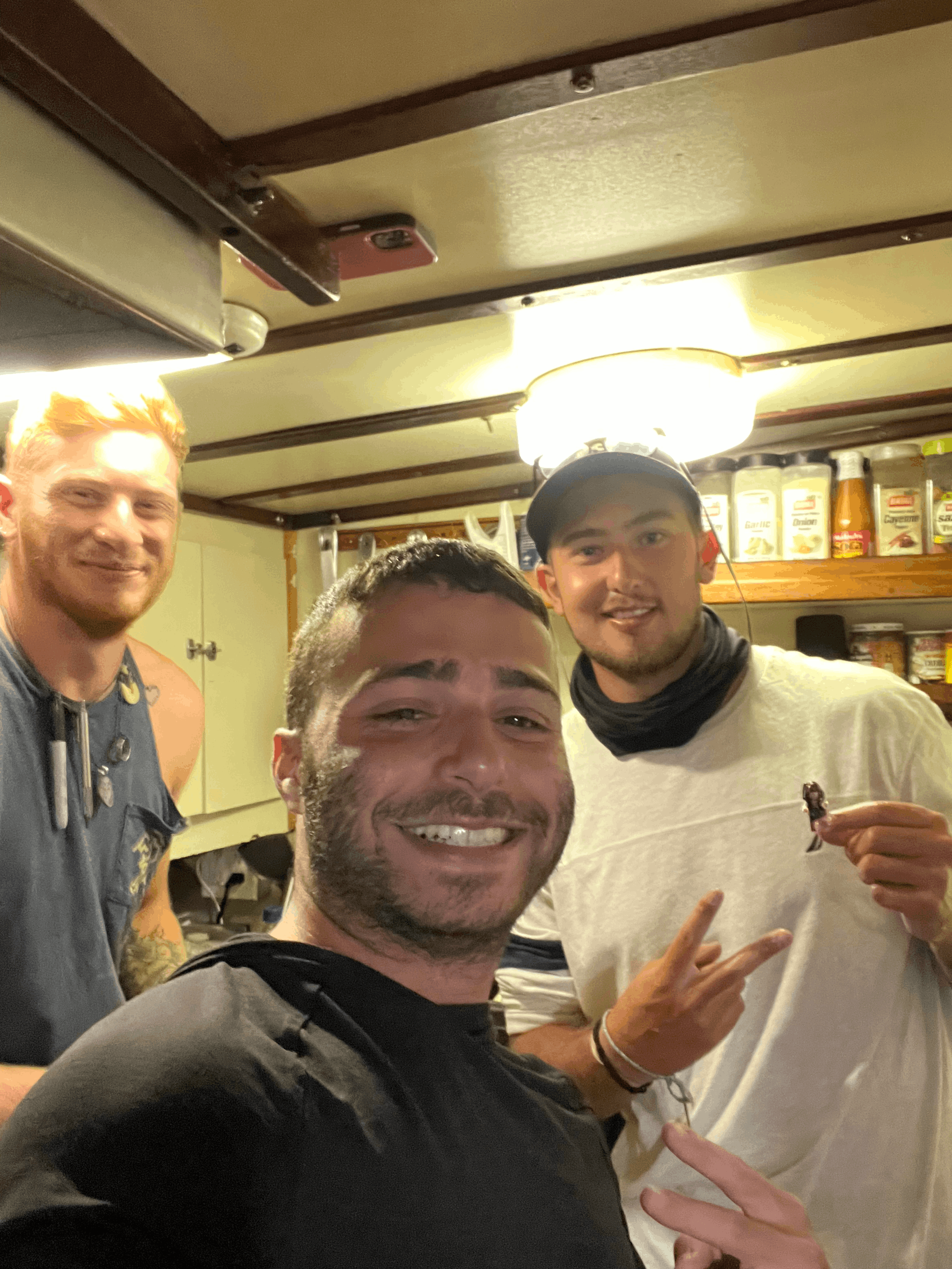 Austin with the Blackbeard crew in the galley