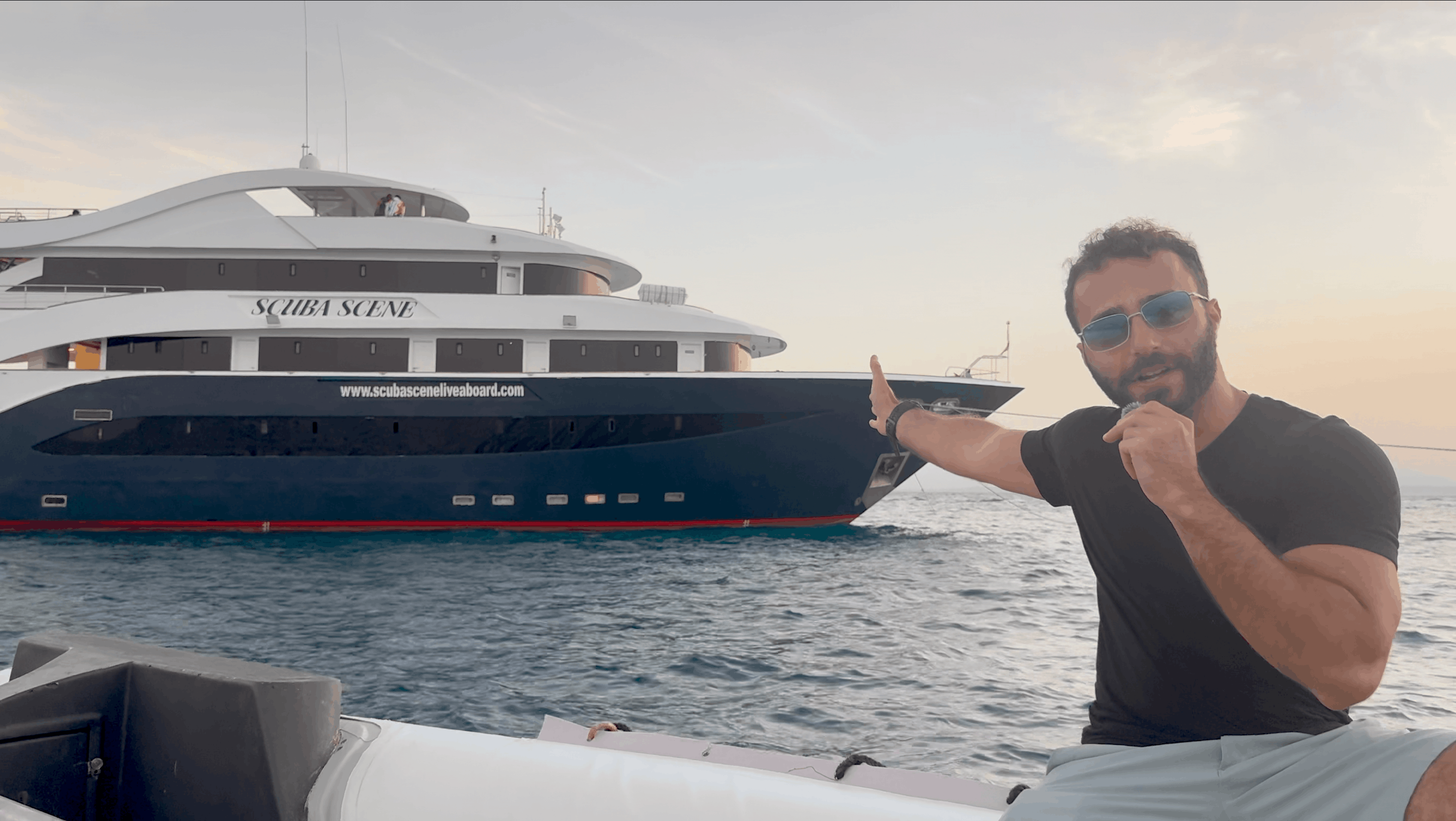 Austin Tuwiner in front of the All Star Scuba Scene liveaboard, Red Sea, Egypt