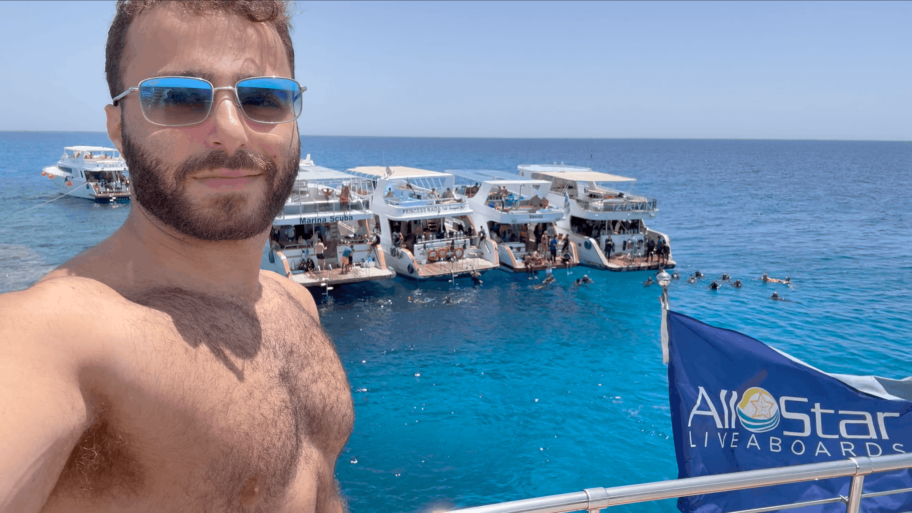 Austin Tuwiner with the All Star Liveaboards fleet in the background, Red Sea, Egypt