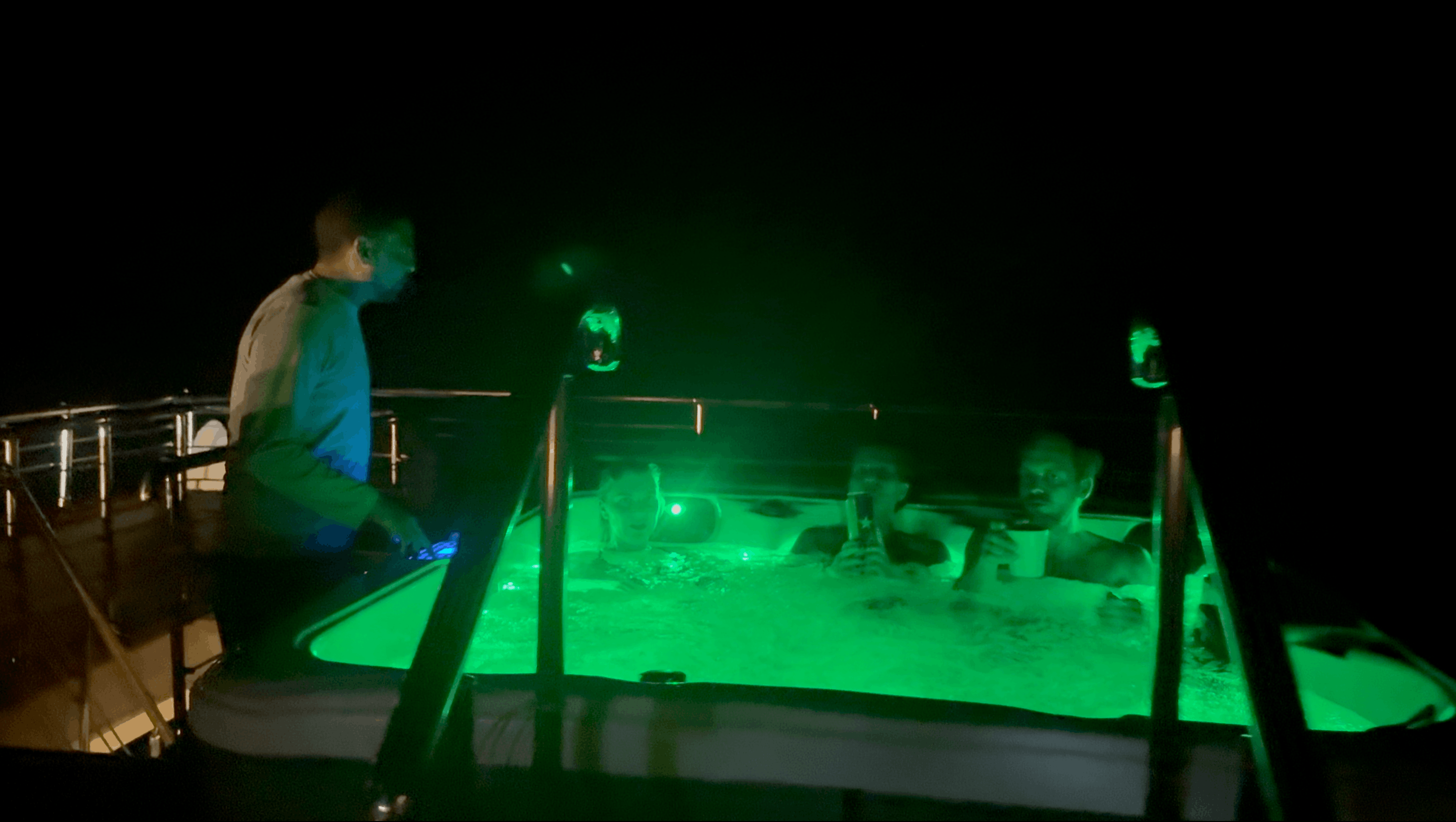 Hot tub lit up at night on the All Star Scuba Scene sundeck, Red Sea, Egypt