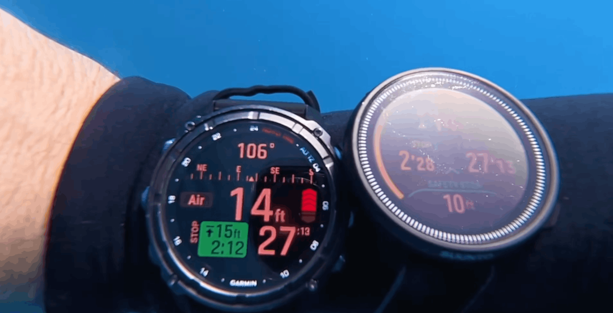 Garmin Descent Mk3i underwater displaying its digital compass heading alongside dive data
