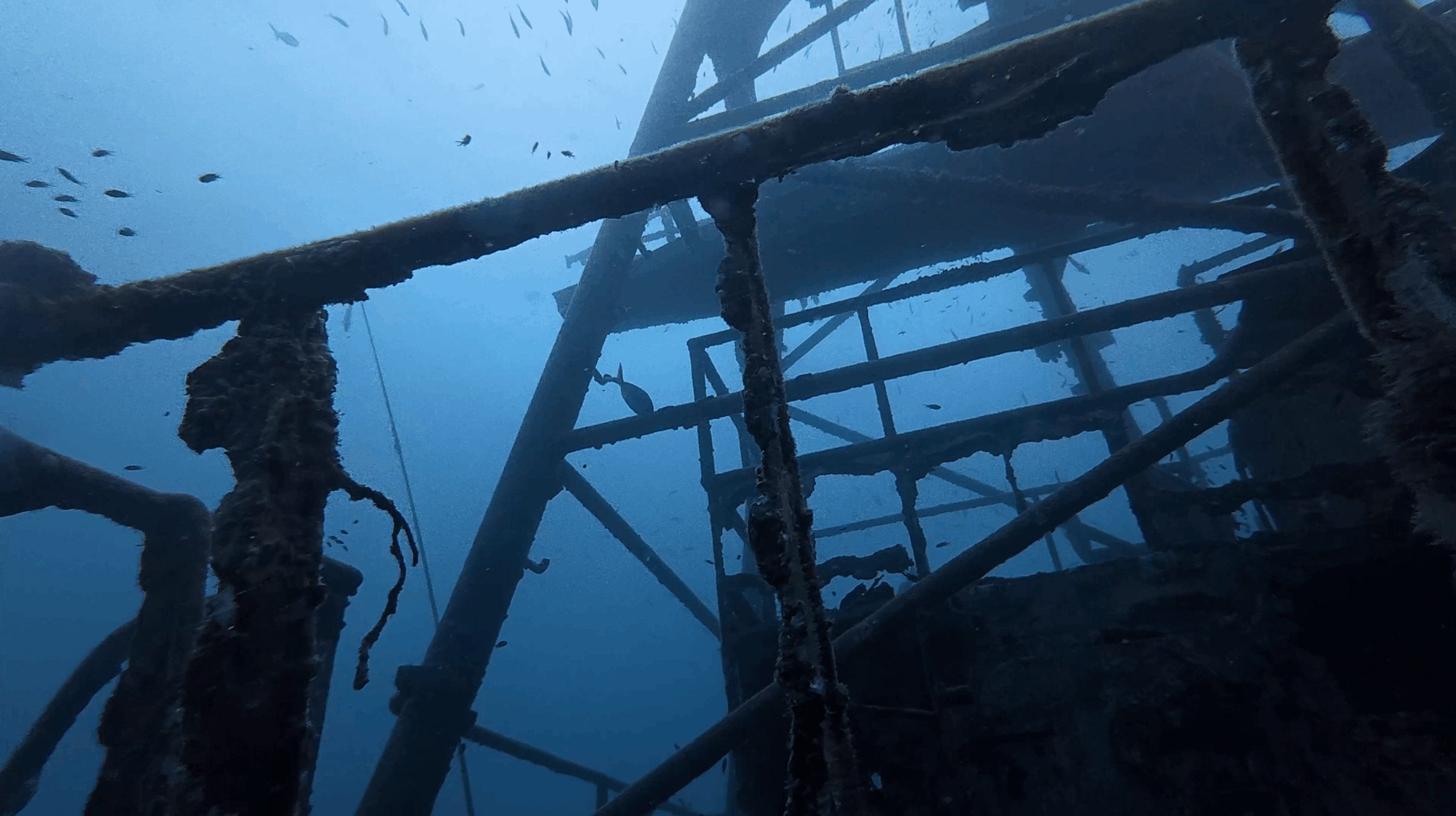Looking up through the frames of the HTMS Suphairin superstructure, Koh Tao