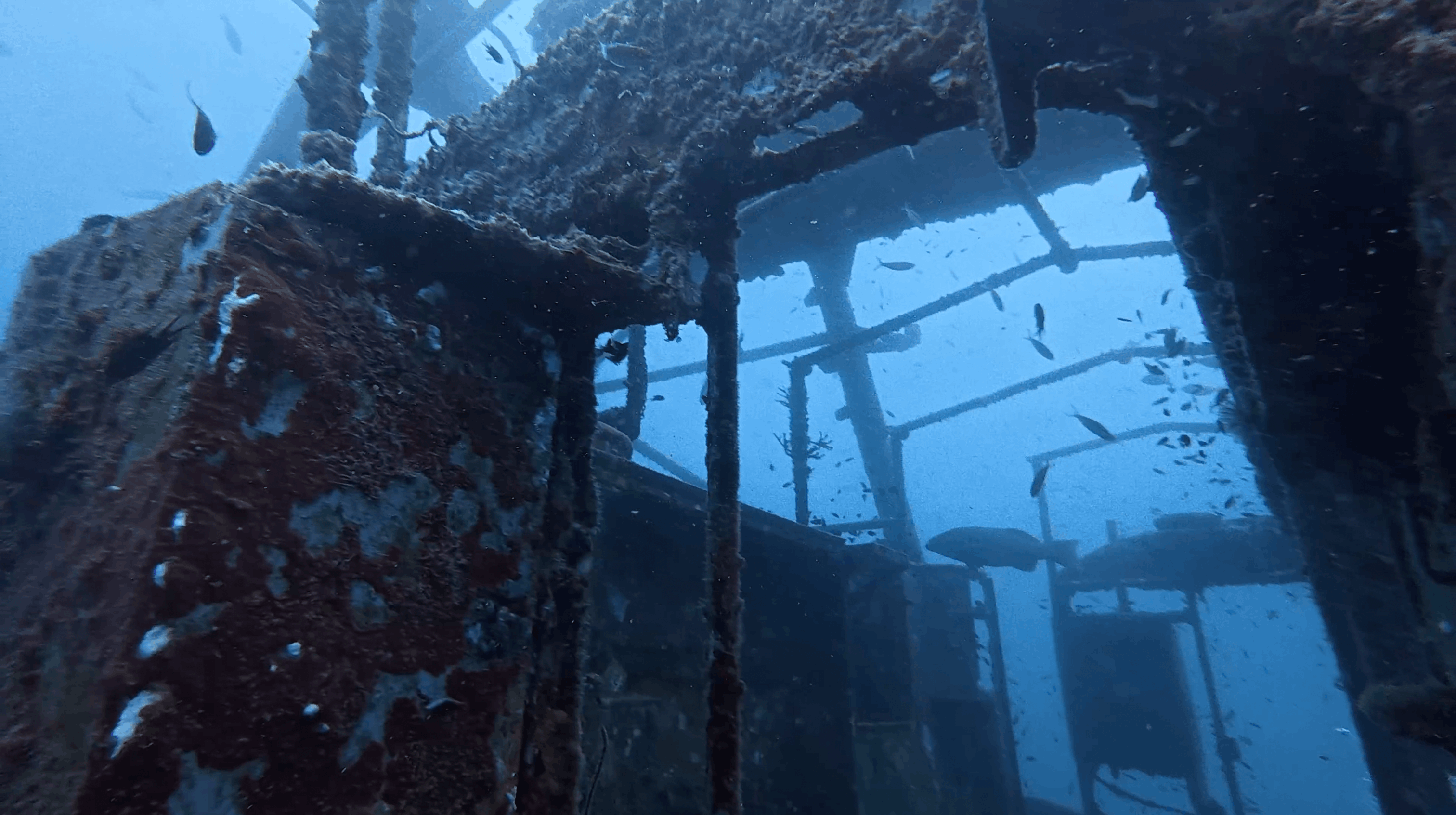 Interior framework and window openings inside the HTMS Suphairin, Koh Tao