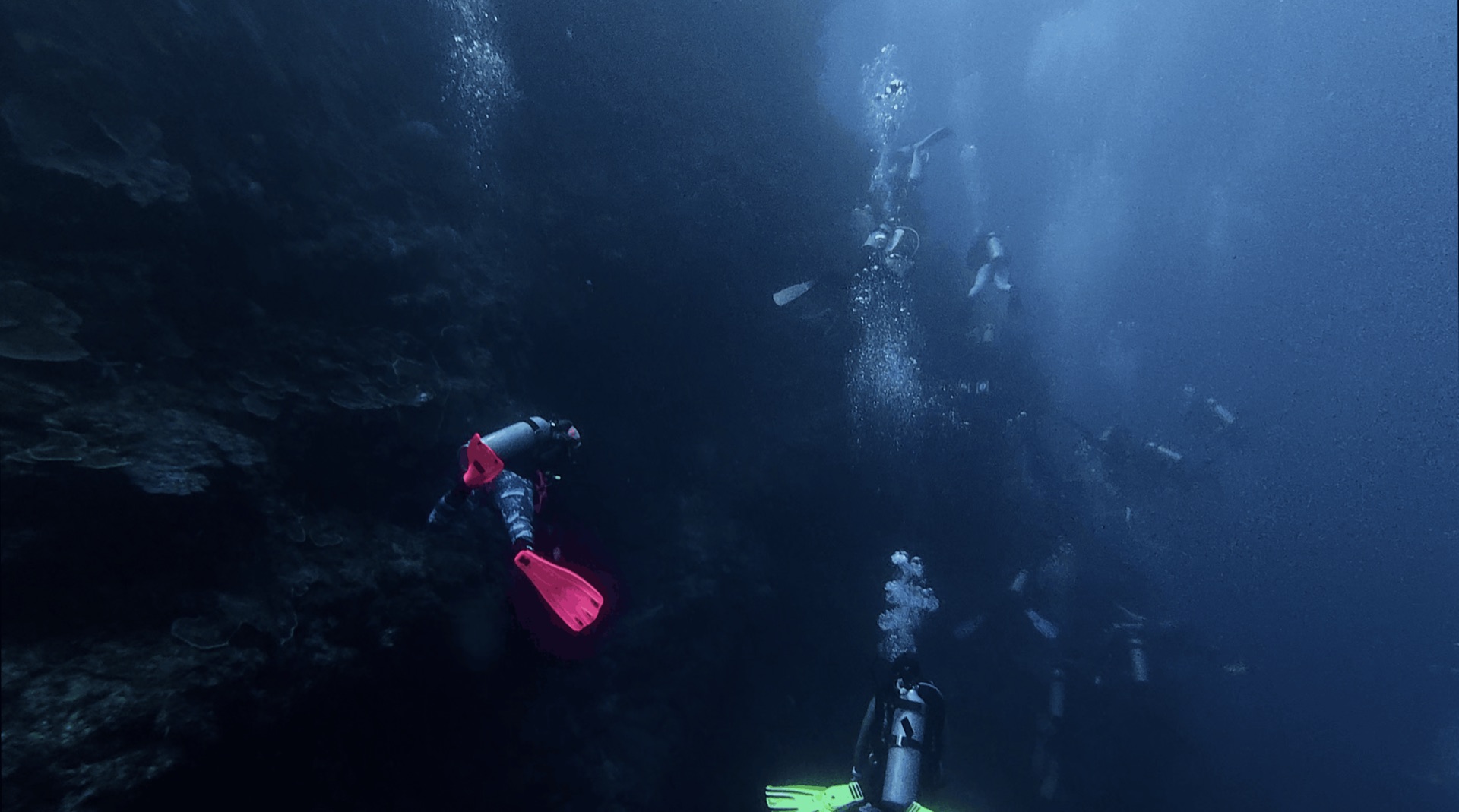 Descending along the dark wall at Chapel, Apo Island, Philippines