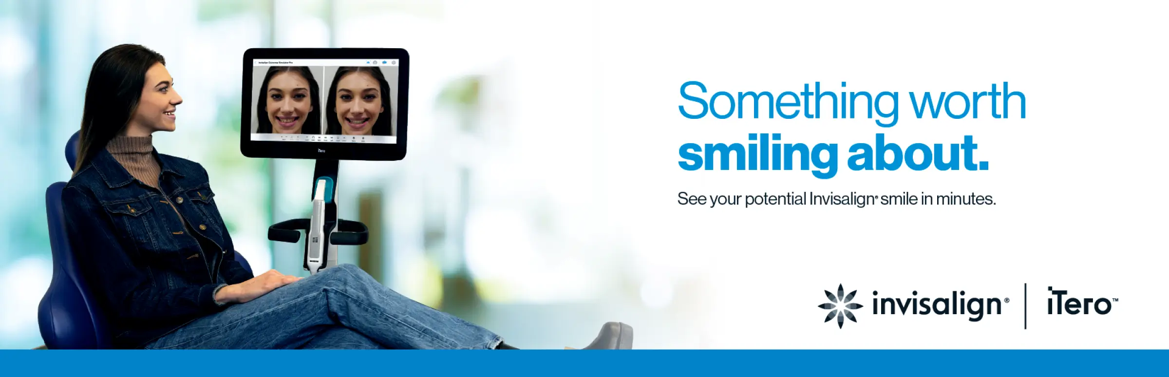 Woman sitting in a dental chair looking at a screen showing before and after smile images with text promoting Invisalign and iTero.