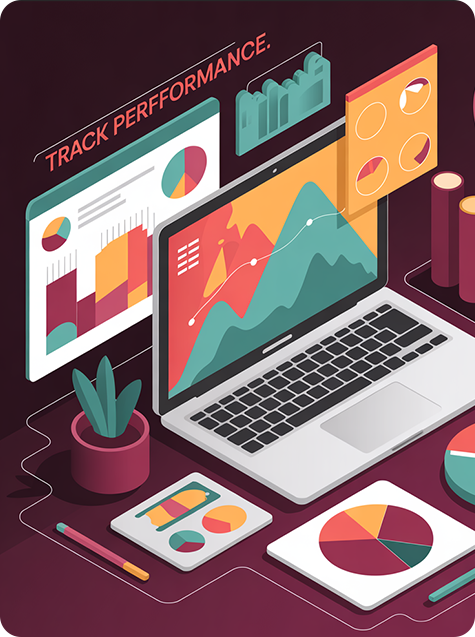 Laptop and digital devices displaying colorful charts and graphs for tracking performance on a dark background.