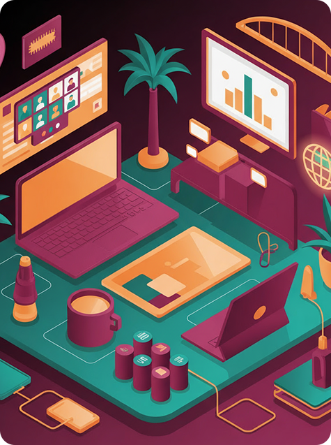 Isometric illustration of a desk with laptops, a tablet, a coffee mug, a plant, and digital data charts on screens.