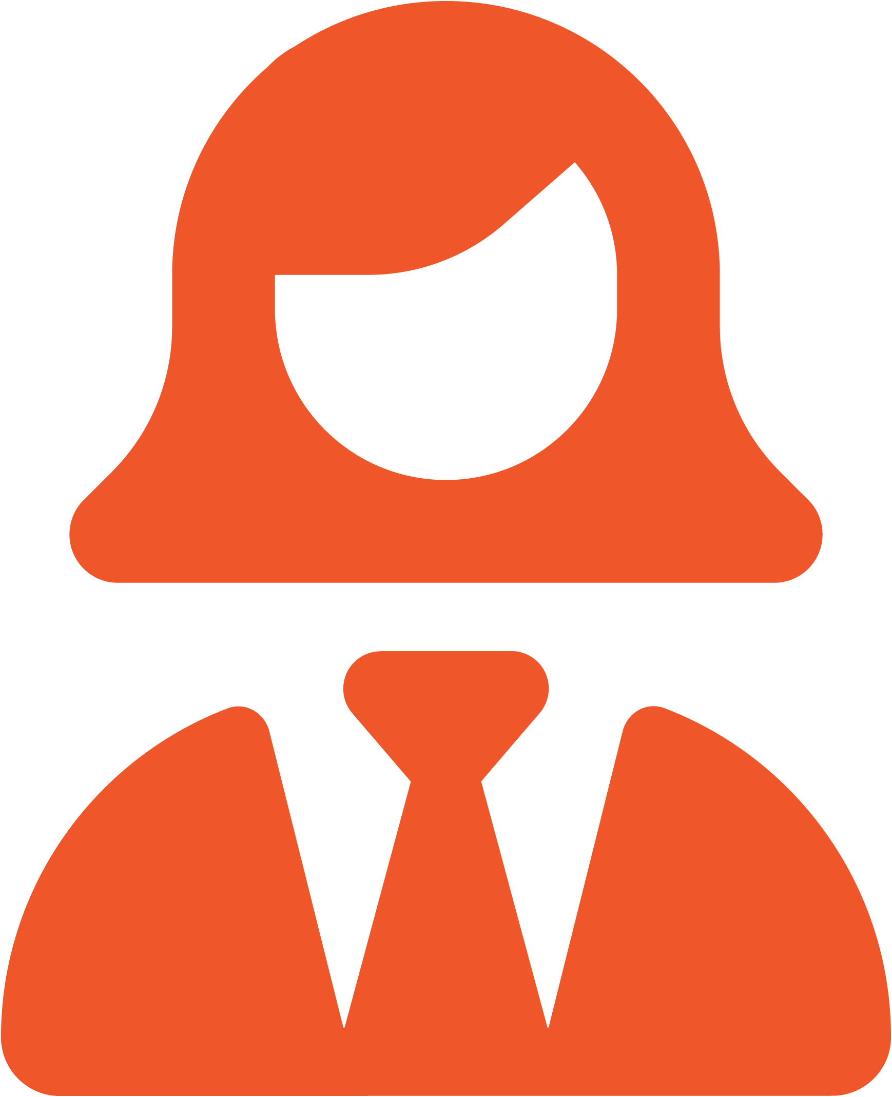 Orange icon of a person with medium-length hair wearing a suit and tie.