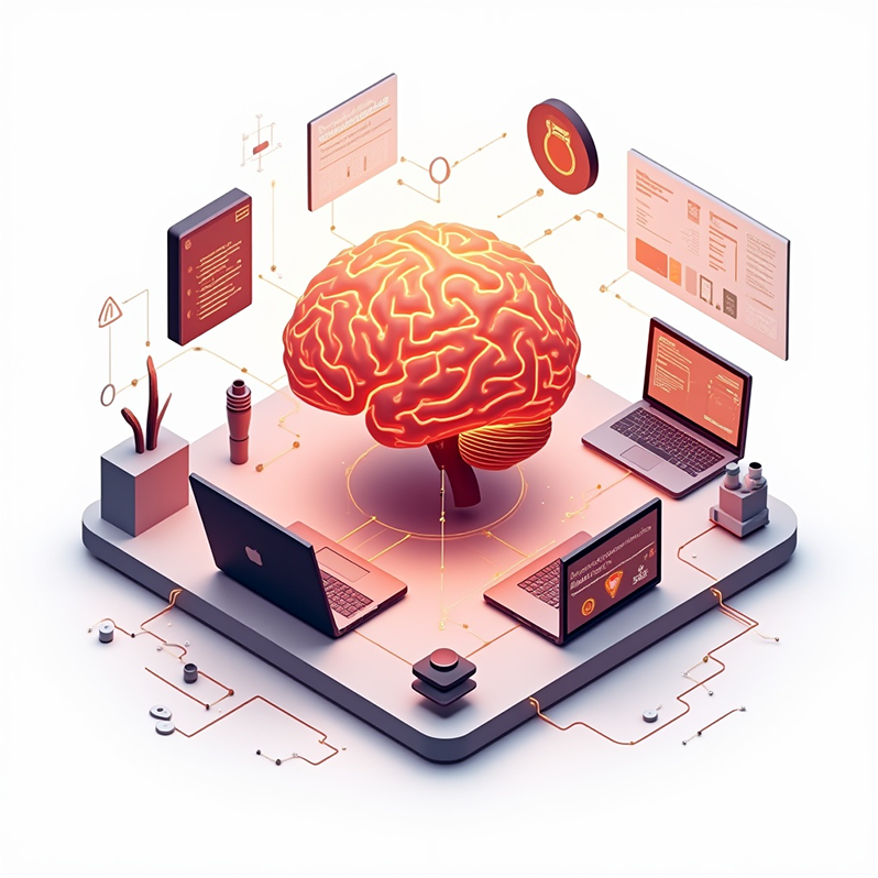 3D illustration of a glowing digital brain surrounded by laptops and floating data screens on a tech platform.