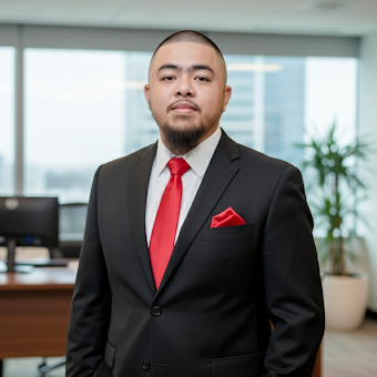 Confident man in a black suit with a red tie and pocket square standing in a modern office.