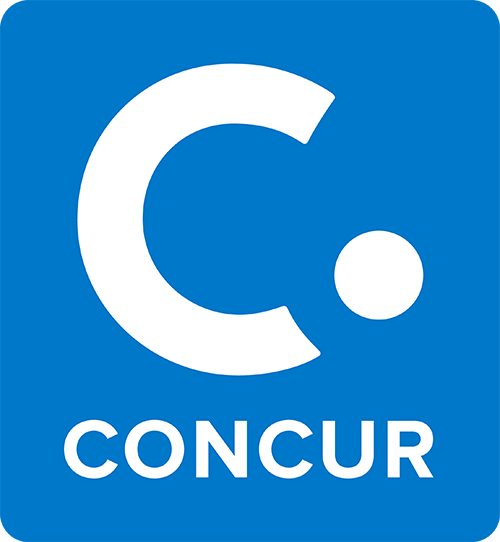 Concur logo with a white stylized C and dot above the word CONCUR on a blue background.