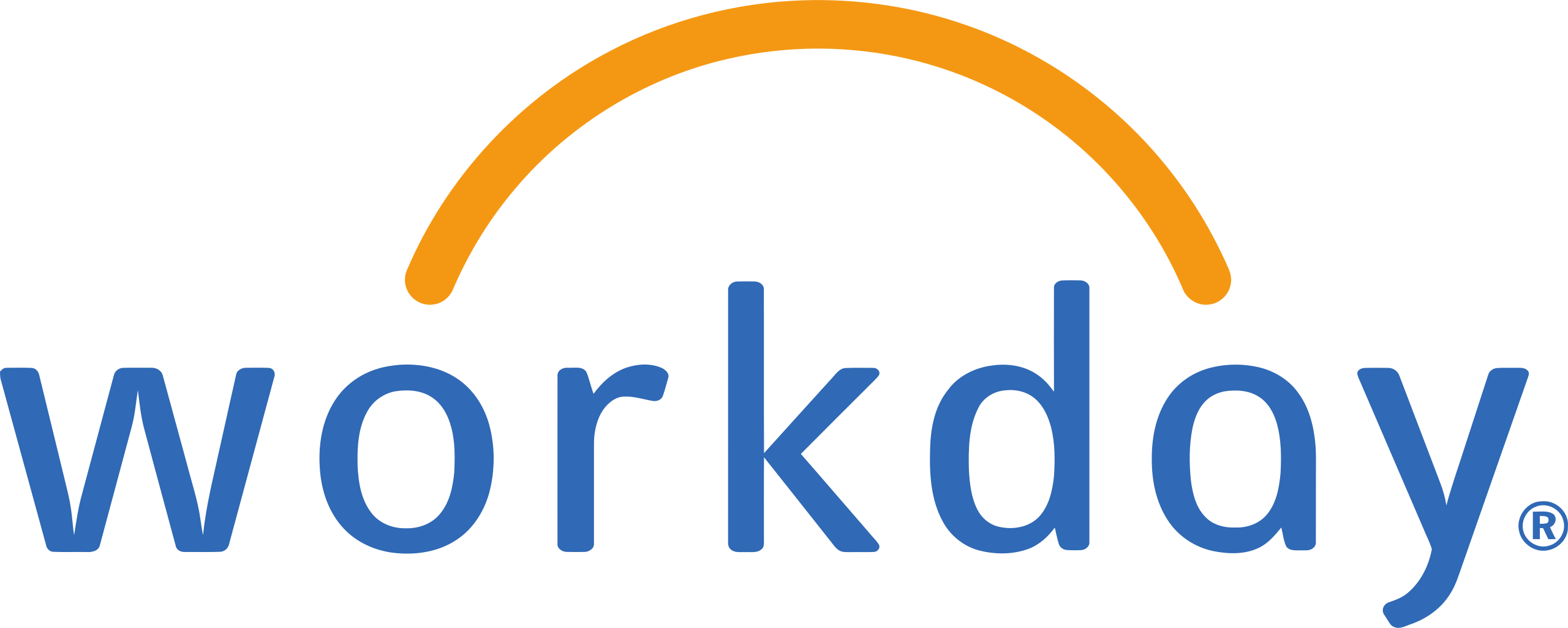 Workday logo with blue lowercase letters and an orange curved line arching over the letters.