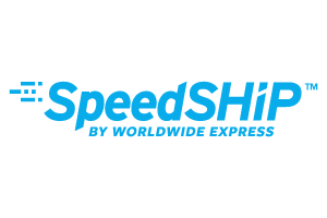 SpeedSHIP logo with blue text and stylized lines indicating speed, featuring the tagline 'BY WORLDWIDE EXPRESS'.