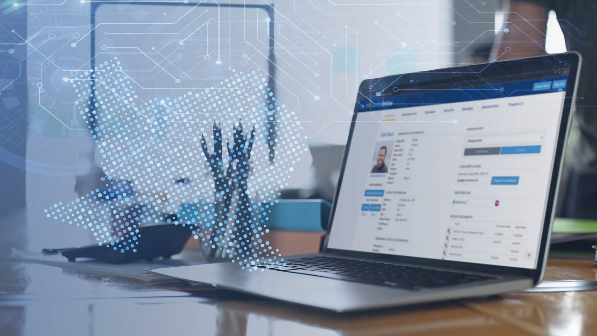 [interface] image of ai software on a tablet with hospital setting background (for an ai healthcare company)