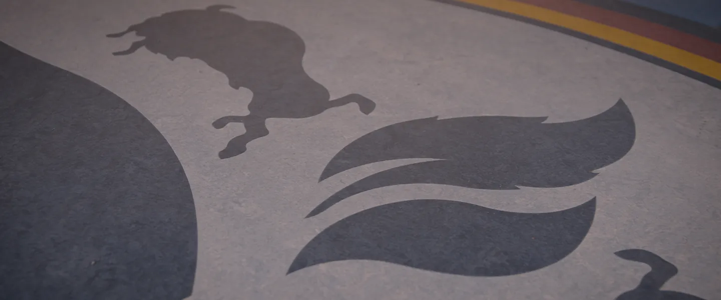 Decorative floor graphic at Fort Peck Community College featuring silhouettes of a buffalo and feathers, symbolizing Native heritage and strength.