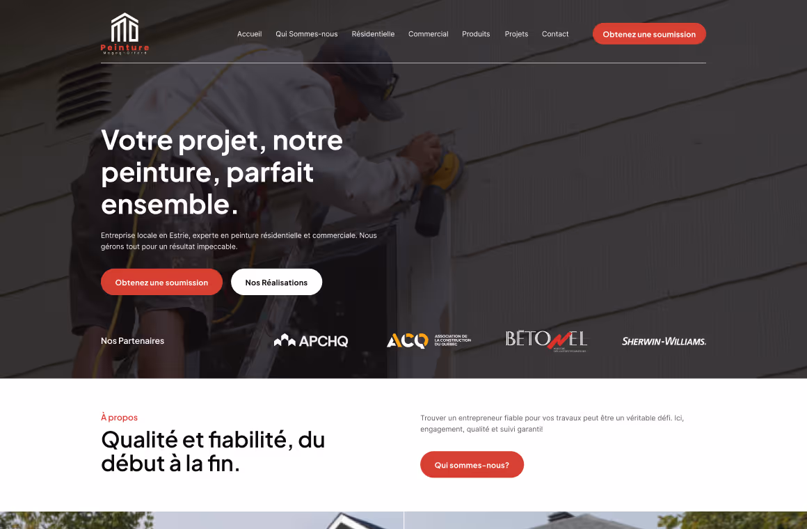 Website landing page showing a person sanding the exterior siding of a house, promoting residential and commercial painting services.