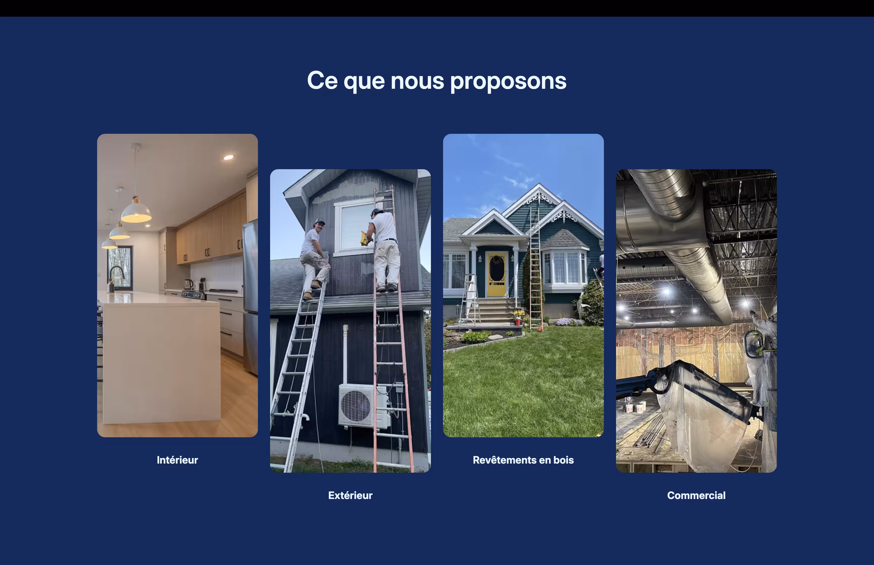 Four images showing services offered: modern kitchen interior, two workers on ladders painting exterior house siding, a house with wooden siding and ladders, and a commercial space under renovation with a worker spraying ceiling ducts.